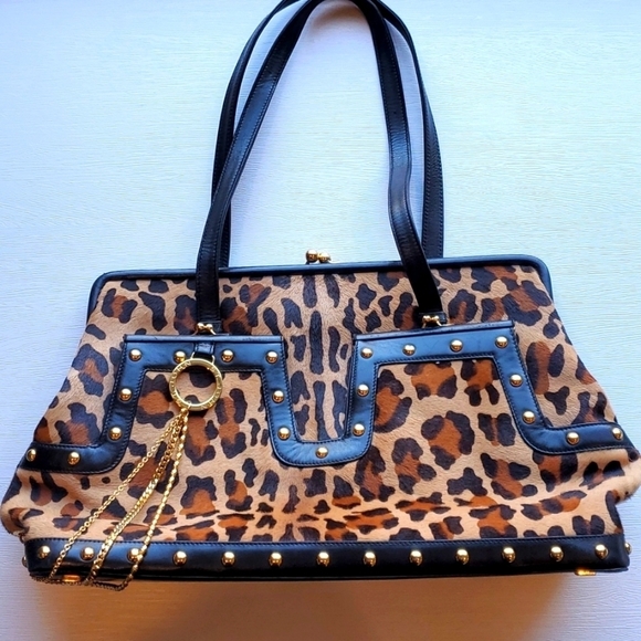 St. John Handbags - St. John Gold Chain Studded Leopard PonyHair Leather Shoulder Bag Purse Like New